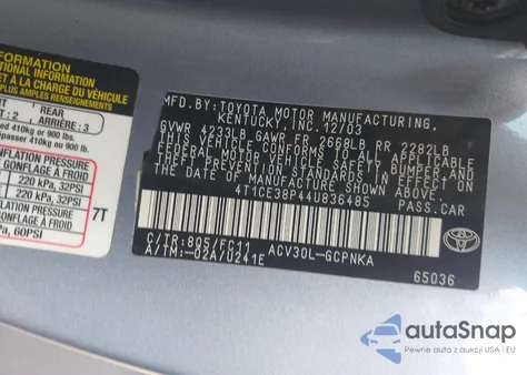 2004 Toyota Camry Solara Se Sport z USA, uszkodzony, nr VIN 4T1CE38P44U836485